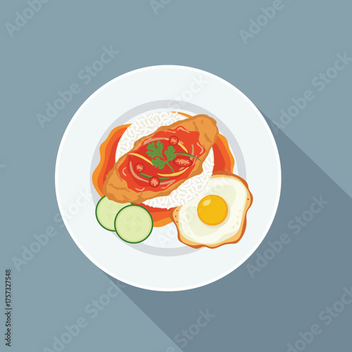 flat color of Spicy fried chicken and white rice covered in a bold chili sauce with slices of chili peppers and spicy ingredients. Served with a fried egg. Asian food