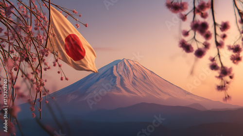 Cherry blossoms and flag frame snow-capped Fuji. Soft light and seasonal beauty evoke clarity, heritage, and editorial depth in cultural and environmental storytelling.