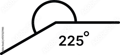 225 degree angle icon set. 225 degrees angle symbols. Mathematical or math degree angle sign 225 