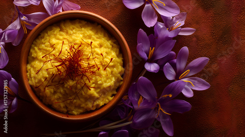 Golden risotto with saffron threads and vivid flowers. Rich tones and botanical contrast evoke clarity, ritual, and editorial depth in culinary and spice origin storytelling.