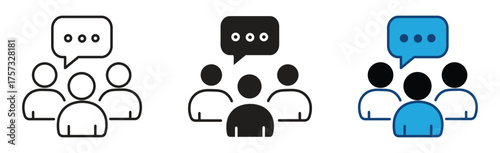 Group Talk Icon Set. group chatting discussion icon.  Speech balloons over people crowd. Effective communication process, vector illustration.