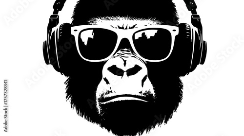 A black and white graphic depicts a gorilla wearing sunglasses and headphones