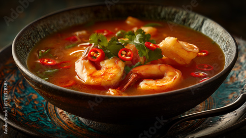 Shrimp in clear broth with cilantro and sliced chili. Glossy surface and vibrant garnish evoke clarity, warmth, and editorial depth in seafood and culinary storytelling.