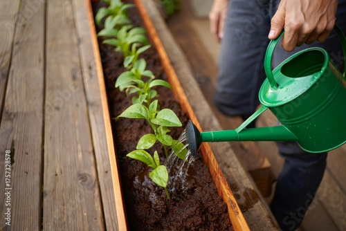 Nurturing Green Growth: A Close-Up of Hands Watering Fresh Seedlings in a Wooden Planter