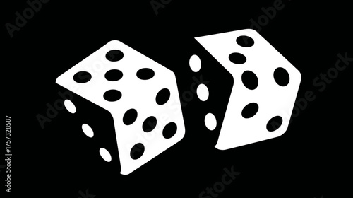 Two white dice with black pips, set against a stark black background. Perspective view