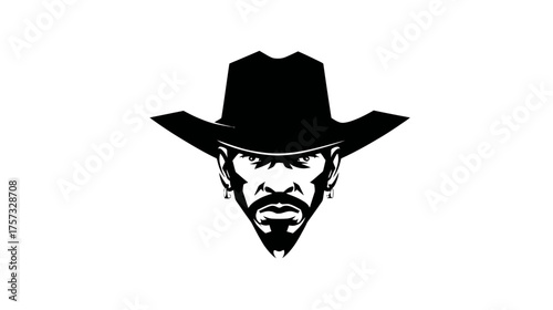 Silhouette of a man wearing a cowboy hat with earrings, and a beard. Angular lines
