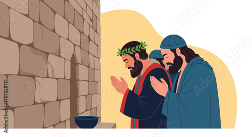 The historical depiction of ancient people praying at a sacred site. 