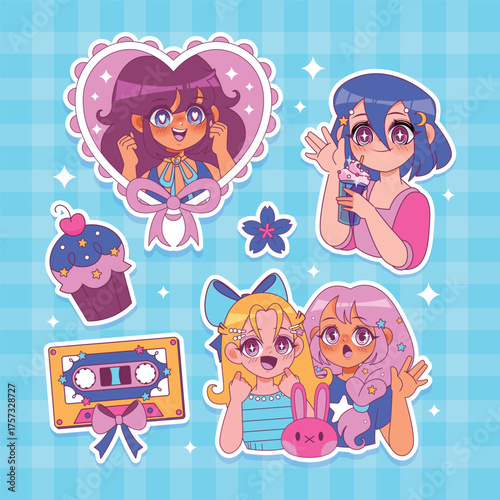 Sticker sheet with anime girls and cute decorative icons