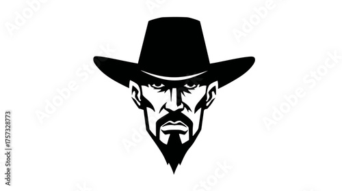 A stark black and white depiction of a stern-faced man wearing a cowboy hat. His face is detailed
