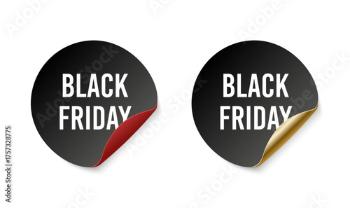black round Black Friday sticker with a curled gold and red corner in elegant vector style, perfect for luxury sale promotions, product labels, and online advertising designs.