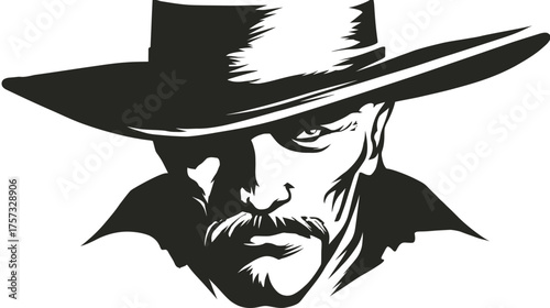 Silhouette of a stern-faced man in a cowboy hat, shadowed by the hat's brim
