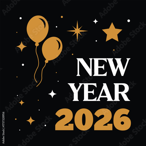 New Year 2026 Balloons & Stars Vector