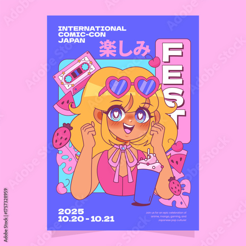 Festival style anime girl promotional poster with icons