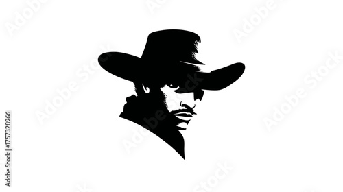 A stylized black and white illustration of a person wearing a cowboy hat, gazing off to the side