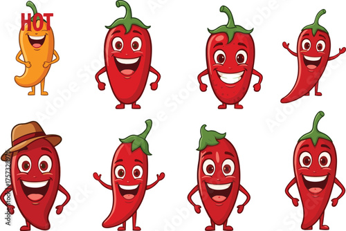 Cartoon chili pepper illustration set, expressive spicy characters with faces and limbs, food humor theme, vector clipart, children’s design asset