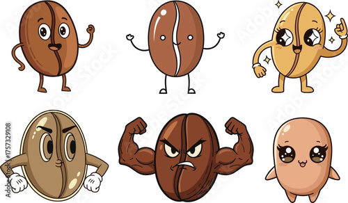 Cartoon coffee bean illustration set, expressive characters with faces and poses, food humor theme, beverage mascot vector clipart, design asset