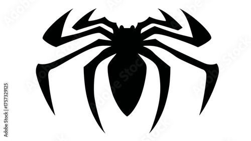 A black, stylized spider silhouette with sharp lines, body, head, and eight angular legs, on white