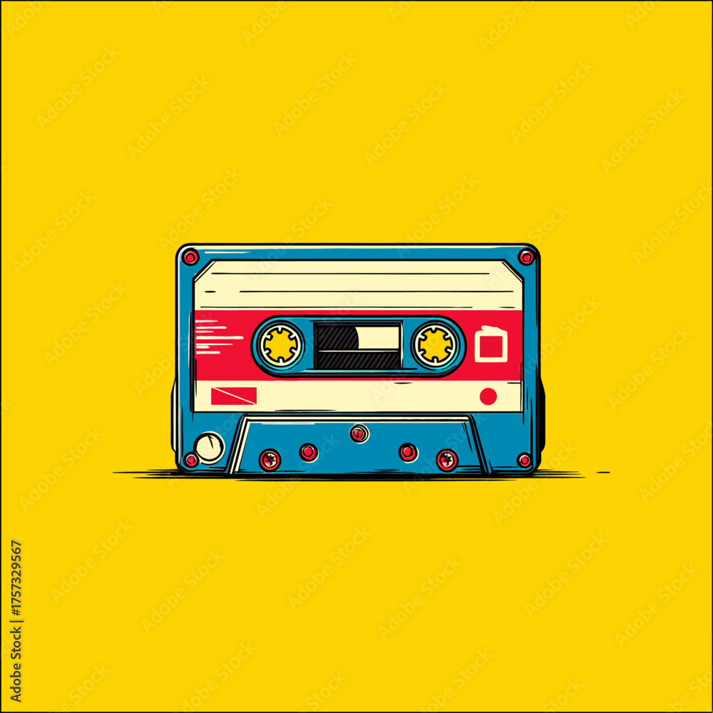 Naklejka premium A vibrant cartoon illustration of a classic audio cassette tape in blue, red, and cream. A yellow background