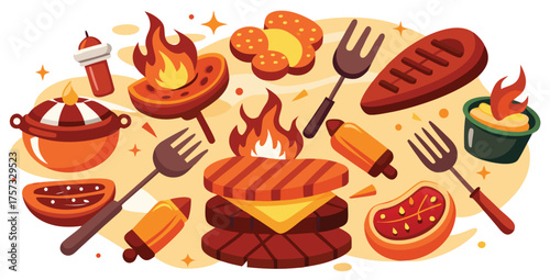 Flat Barbecue Food Icons Set – Grilled Meat, Steak, Sausage, BBQ Party, Fire and Cooking Tools Vector Illustration