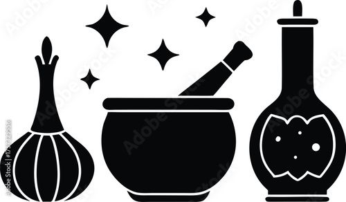 Witchcraft Icons Set Featuring Cauldron Mortar and Pestle Potion Bottles and Onion clean silhouette vector