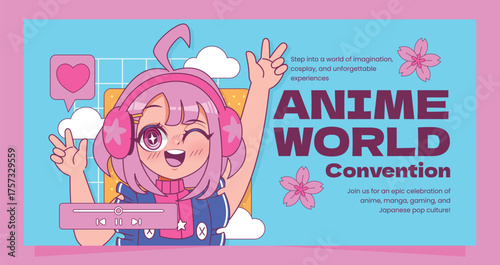 Wide horizontal banner with anime girl waving and decorative icons
