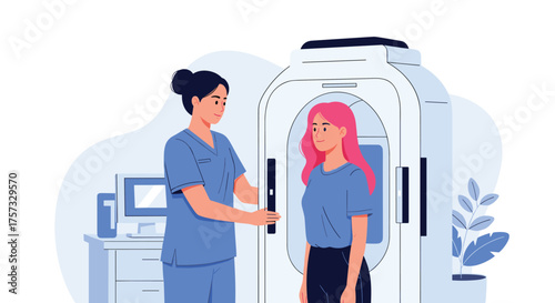 Medical professional assisting a patient in a modern diagnostic imaging suite for advanced scanning procedures.