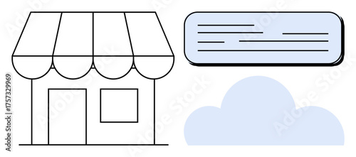 Shopfront with striped awning, rectangular text box representing communication, and stylized cloud symbolizing online services. Ideal for retail, e-commerce, marketing, communication, technology