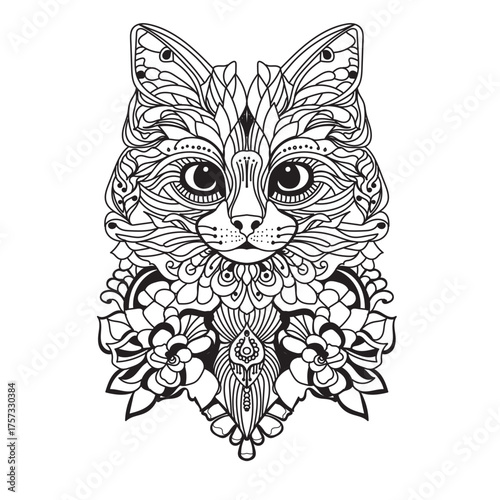 Mandala Cat Line Art – Decorative Floral Zentangle Style Illustration
