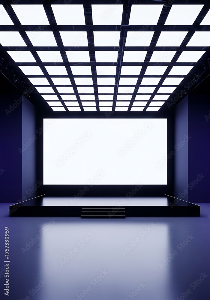 Fototapeta premium Modern empty stage with a large blank screen and illuminated grid ceiling in a dark room.