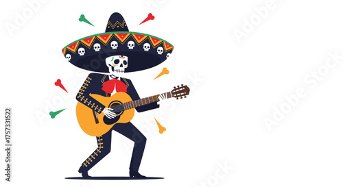 A skeleton dressed as a mariachi musician plays a guitar during a celebration.