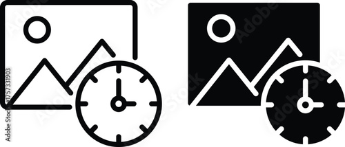 Premium Quality Line Art and Silhouette Pack - Picture and time icon illustration symbolizing scheduled picture uploading concept