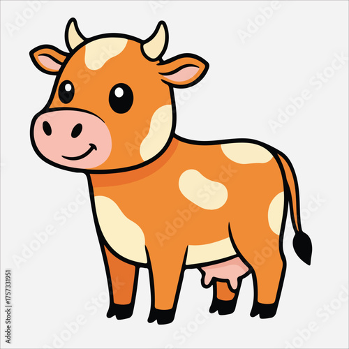 Cartoon Cow with Orange Fur and Creamy White Spots Black Hooves.