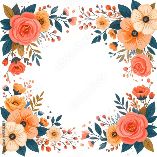 Floral Arrangement Border with Orange and Pink Flowers and Teal Leaves on White Background
