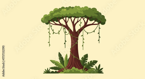 Vibrant illustration of a lush, green tree with hanging vines, surrounded by tropical plants and foliage, on a soft beige background