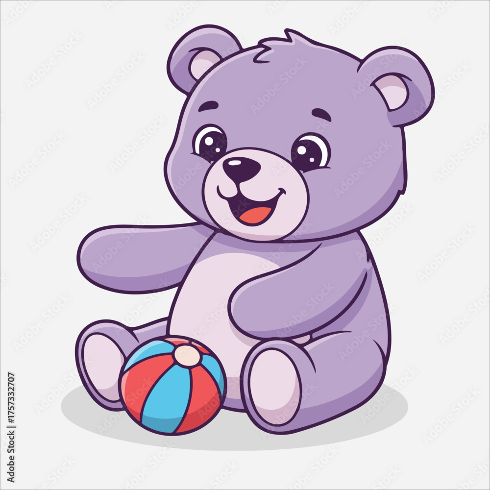 Fototapeta premium Cartoon Lilac Teddy Bear Sitting with a Red and Blue Striped Ball.