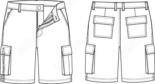 Cargo shorts technical fashion sketch, front and back view, flap pockets, belt loops, zipper fly, patch pockets, garment construction vector illustration