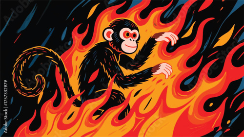 Cute Little Monkey With Burning Fire Illustrator Artwork Banner Background Design Template 