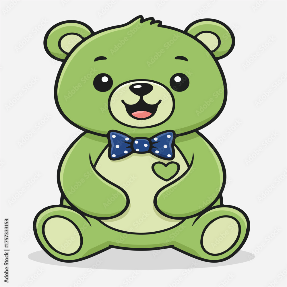 Fototapeta premium Cartoon Green Teddy Bear with Blue Polka Dot Bow Tie and Heart Patch.