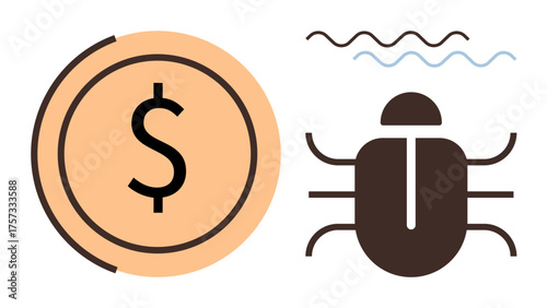Dollar symbol alongside bug and error waves conveys software bugs causing financial impact. Ideal for technology, finance, cyber risk, problem-solving, development, economics, simple flat metaphor