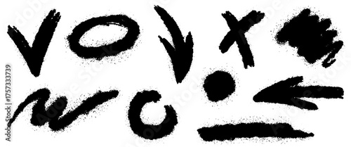 Set of graffiti spray paint elements. Street art, urban grunge black circles with drips, blots and ink splatters. Vector set of underground graffiti rounds, arrows, isolated on white background.