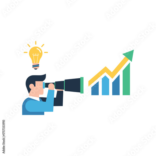 Man looking through telescope at rising graph, symbolizing business growth and innovative ideas, representing a positive future.