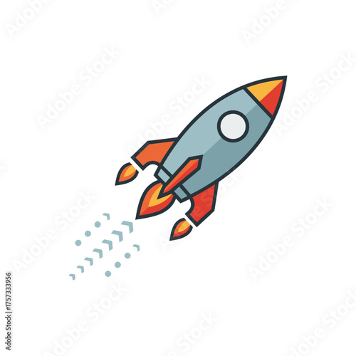 Rocket ship soars upward against a white backdrop, leaving a trail of smoke, symbolizing innovation and the excitement of space exploration.