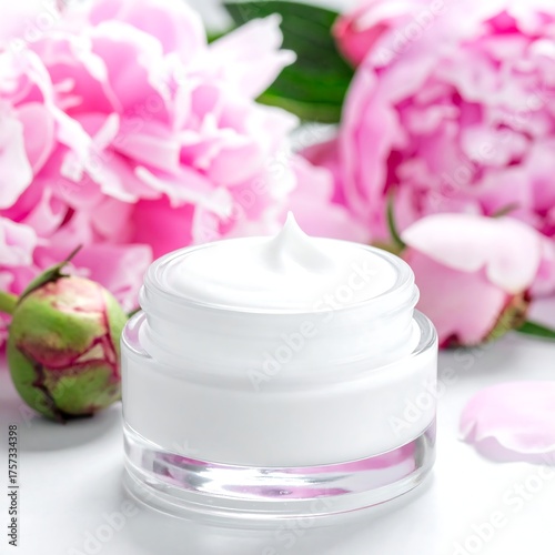 Fototapeta Naklejka Na Ścianę i Meble -  Cream jar with pink peonies