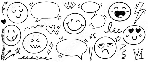 Hand drawn crayon emoji faces set. Chalk scribbles doodle with emoticons, speech bubble, arrows, underline, heart, star and highlight text elements icons. Vector illustration fun kid style charcoal 