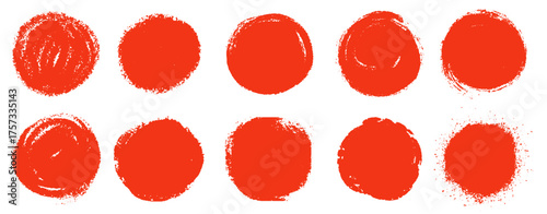 Red brush sun rough. Brush hand drawn textured round shapes. Rough red Japanese flag. Circle shape ink brush stroke texture. Sponge stamp grungy red ink blobs, splashes. Vector illustration  