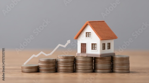 Model house with orange roof on stacks of coins with a rising graph, symbolizing real estate investment and financial growth concept