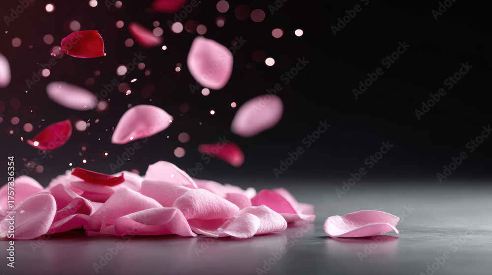 Fototapeta premium Pink, red and white rose petals falling and creating a pile on a black background, ideal for romantic concepts