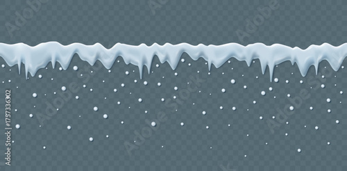 A horizontal seamless snow cap with icicles isolated on a dark background for your design with falling snowflakes