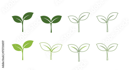 Different styles of green plant sprouts are depicted on a bright white surface, creating a clean and.