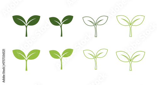 Collection of seedling icons in various styles represents growth, new beginnings, and environmental.